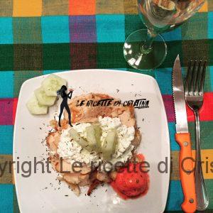 tagliata di pollo con insalata di patate allo tzatziki e sorbetto di maionese di pomodoro