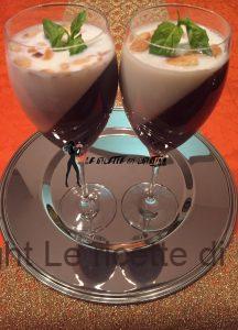 Gel di vino rosse alle mandorle con panna cotta al basilico e ciliegie al cioccolato