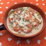 Ceci, patate, gamberi e porri con panna al wasabi