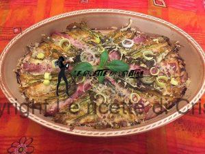 Quiche di porri, fiori di zucca, zucchine e mortadella di pollo