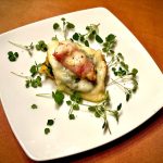 Crostoni di polenta tartufata con cime di rapa, involtini di Praga con scamorza affumicata e fonduta di Parmigiano